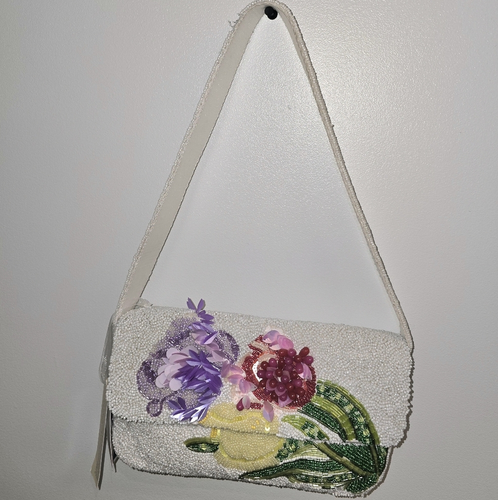 Beaded Floral Embellished Cream Shoulder Bag